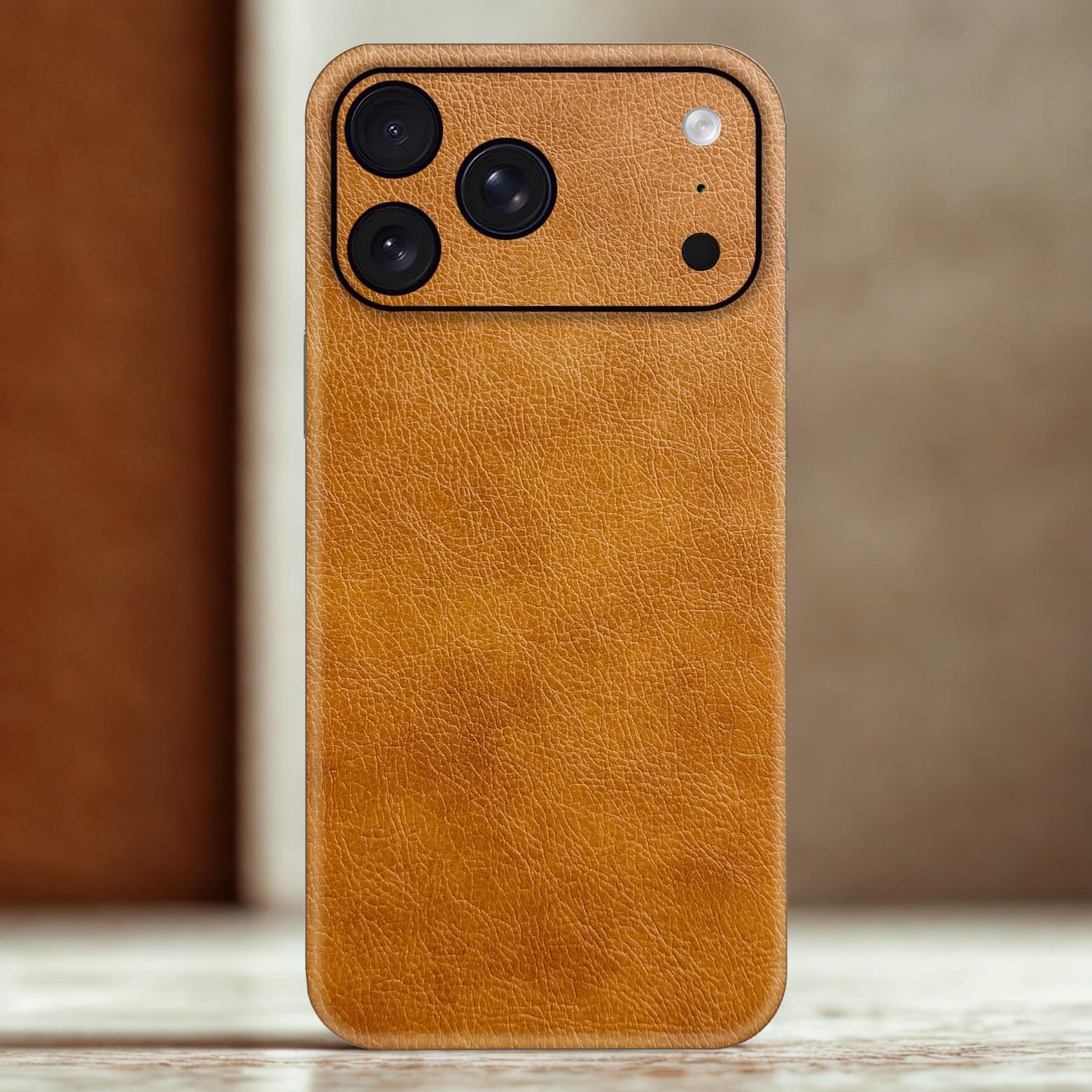 010 Camel Tan Leather Phone Skin – Cognac Brown Warm Premium Plain Texture - Image 1