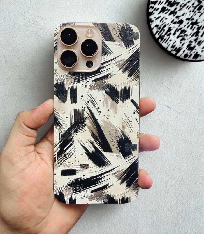 Black Beige Brushstroke 3D Printed Leather Phone Skin – Abstract Urban Art Design - Image 3