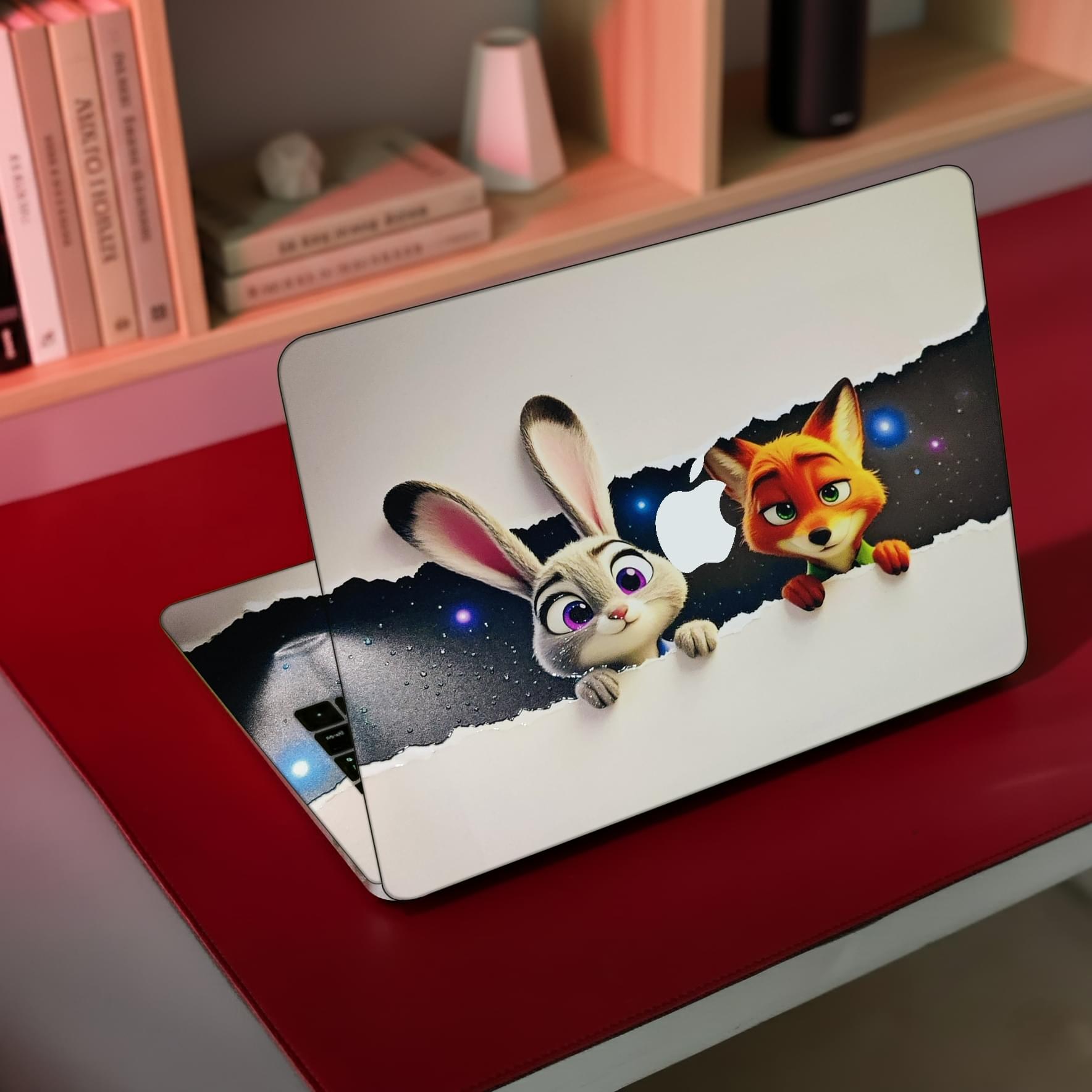 Cartoon Bunny & Fox Peeking – Tablet & Laptop Skin (Space Tear Effect) - Image 1