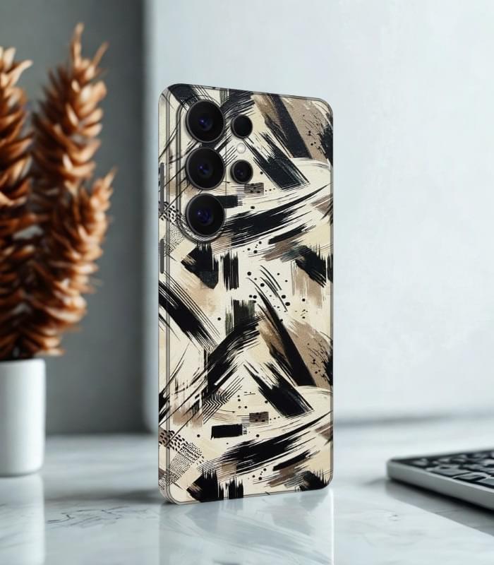 Black Beige Brushstroke 3D Printed Leather Phone Skin – Abstract Urban Art Design - Image 2