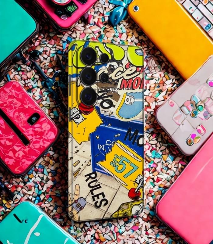 Sticker Bomb Skate Culture 3D Printed Leather Phone Skin – Pop Art Collage Design - Image 2