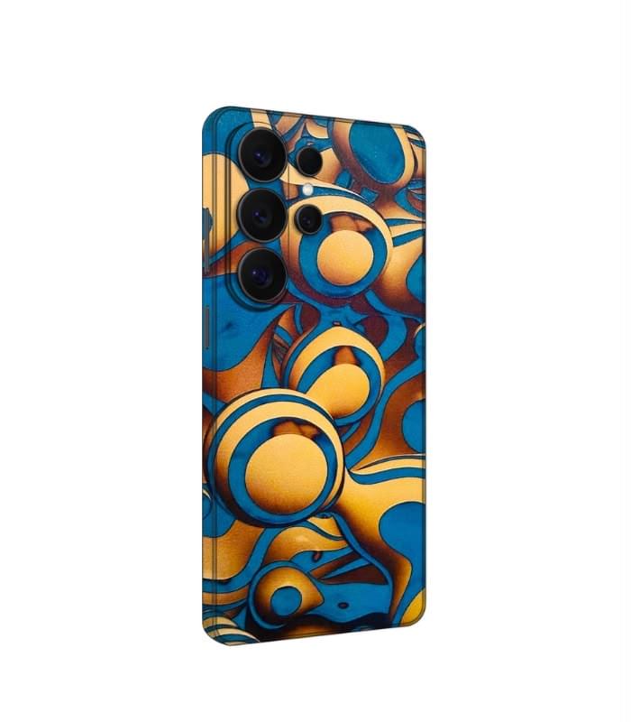 Blue Gold 3D Abstract Orb Printed Leather Phone Skin – Futuristic Art Design - Image 1
