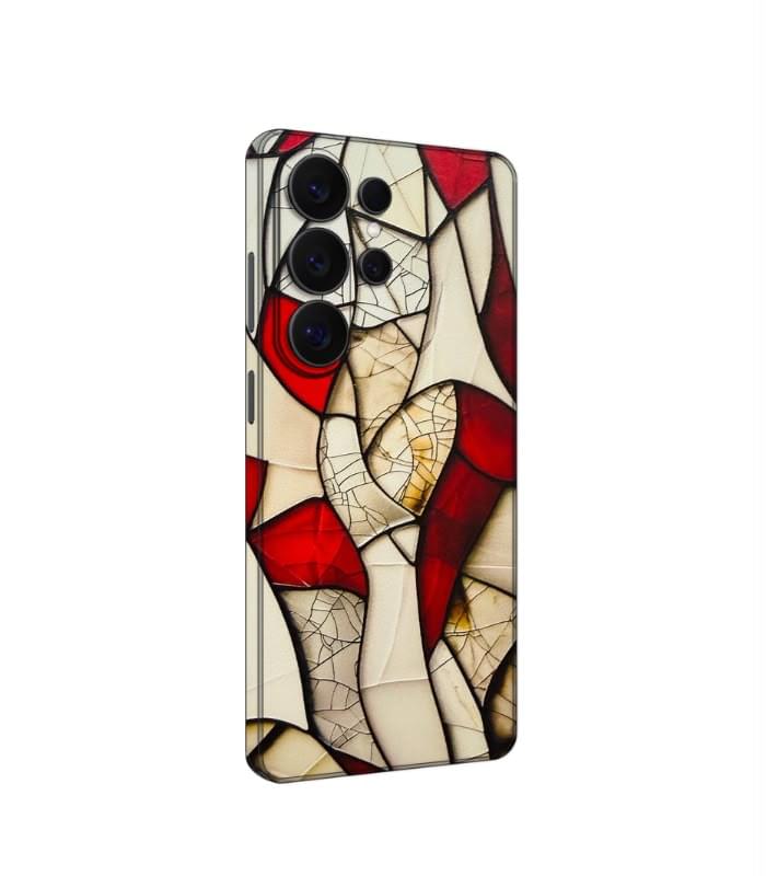 red mosaic art Red Cracked Mosaic 3D Printed Leather Phone Skin – Abstract Stained Glass Art - Image 1