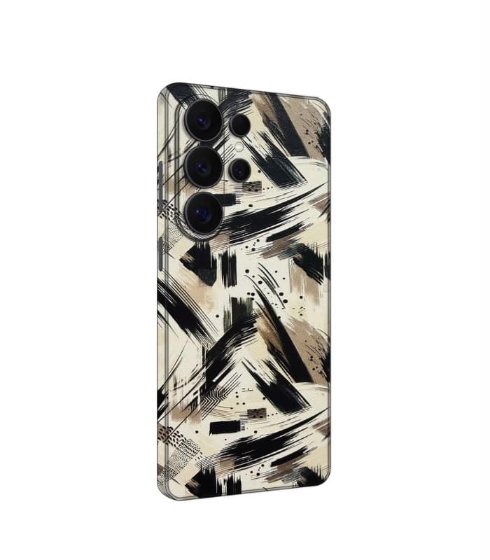 brushstrokes Black Beige Brushstroke 3D Printed Leather Phone Skin – Abstract Urban Art Design - Image 1